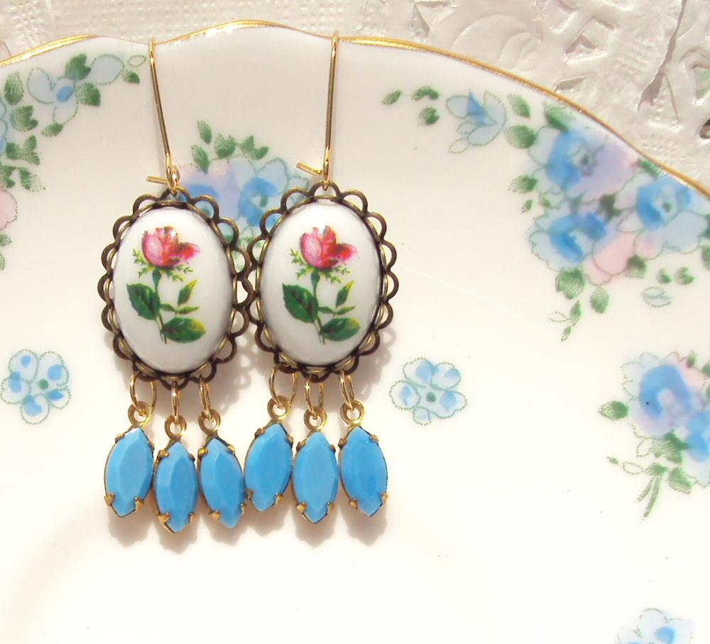 Everythings Turning Up Roses - Vintage Rose and Jewel Earrings