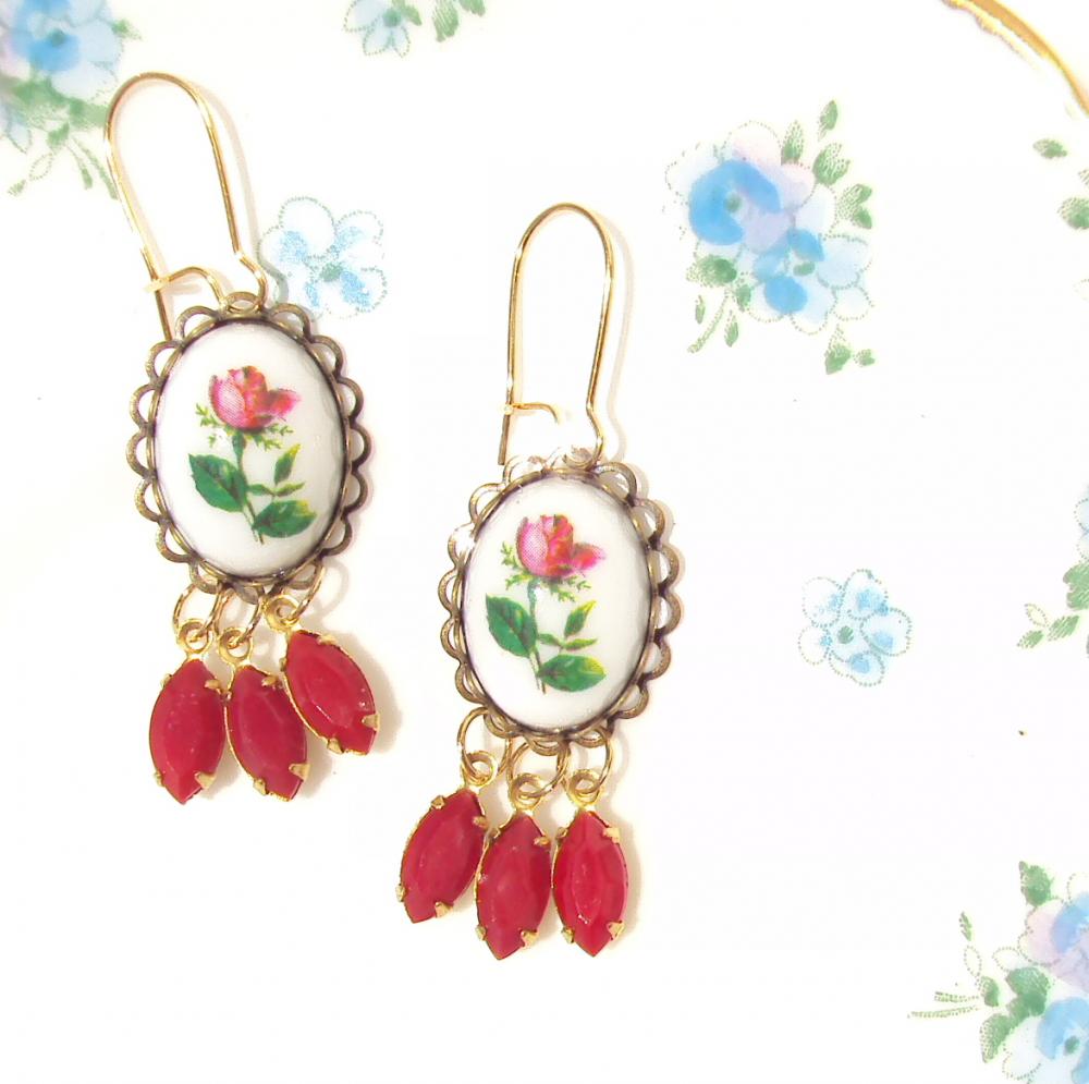 Everythings Turning Up Roses - Vintage Rose and Jewel Earrings - Whimsical - Bridal