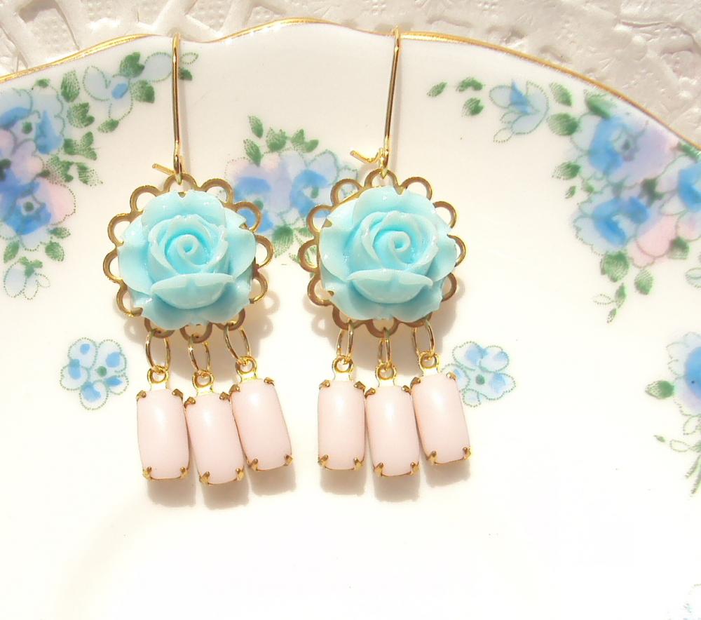 Bonnie Blue - Vintage Jewel and Flower Earrings - Whimsical - Bridal - Bridesmaid