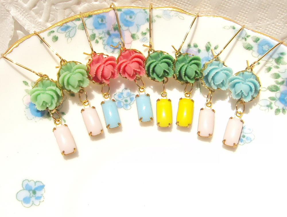Bridesmaid Earrings - Pick Your Color - Vintage Jewel and Flower Earrings - Whimsy - Whimsical - Romance - Bridal - Bridesmaid