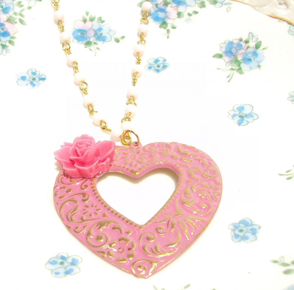 Rosie Posie - Heart Necklace With Pink Flower 16k Gold
