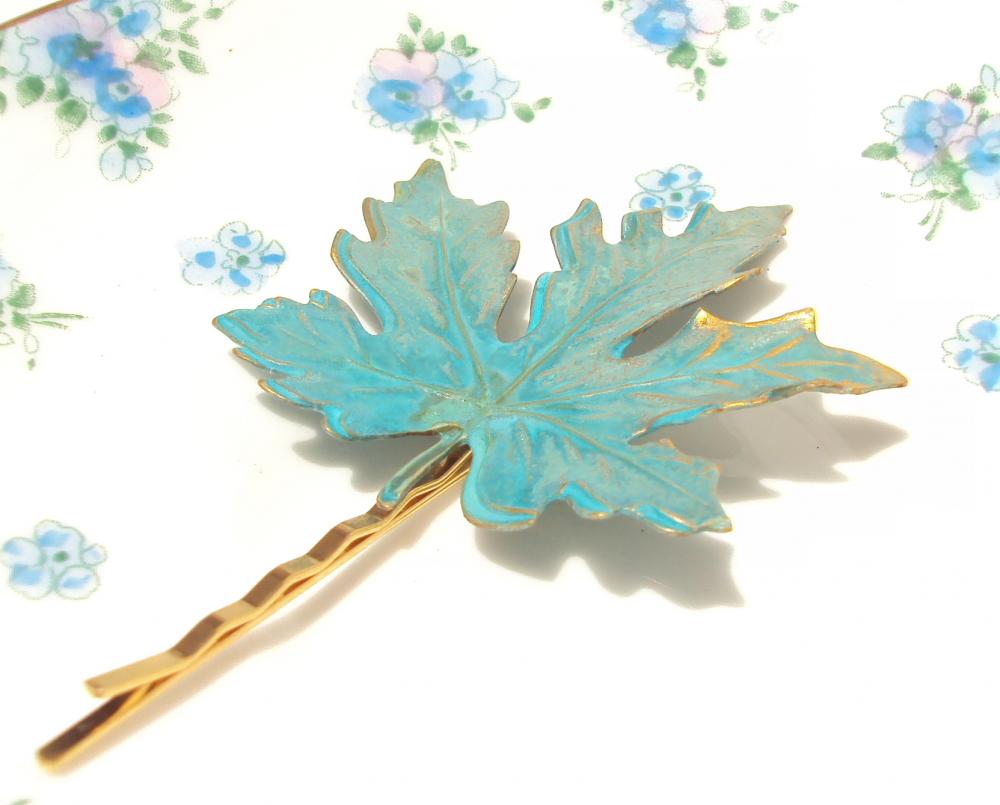 Large Verdigris Leaf Hair Pin - Woodland